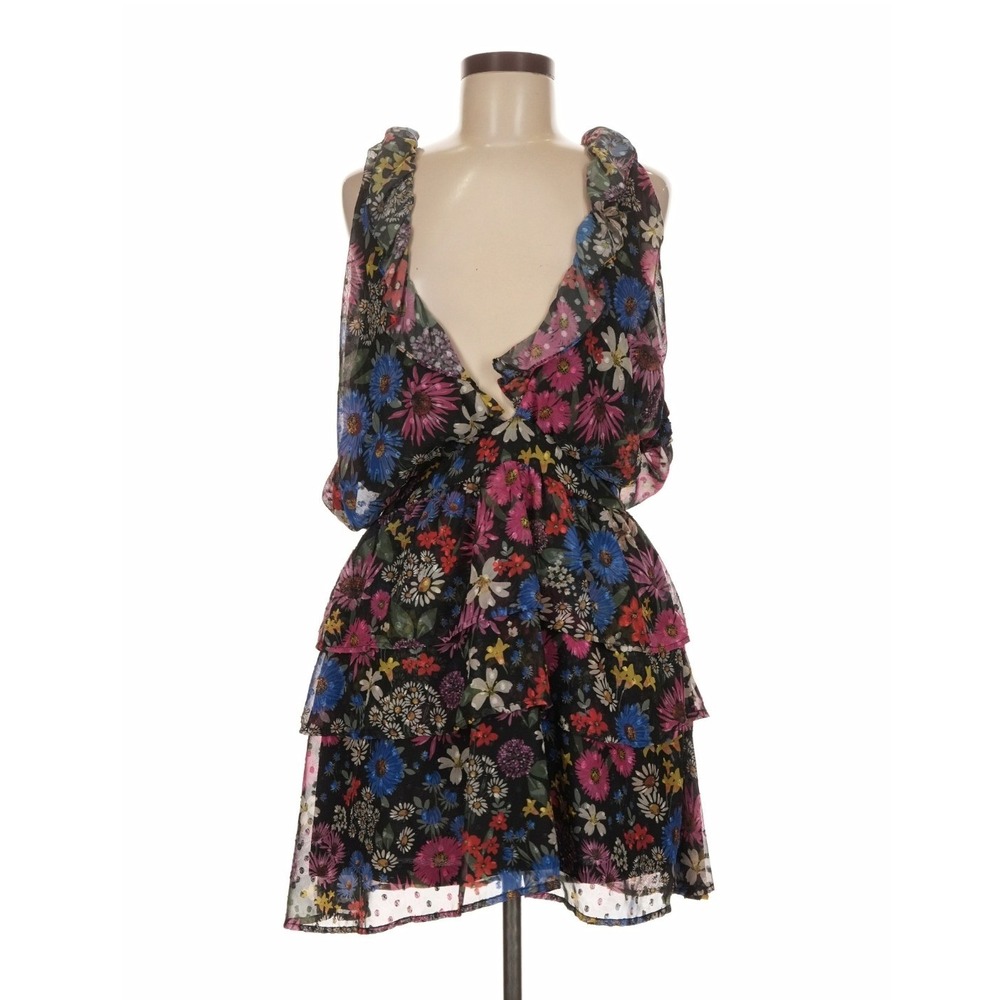 Slate & Willow Floral Plunge Tiered Mini Dress Black Multicolor Size M